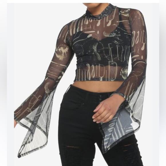 Hot Topic Surgery Tools Black Mesh Mock Neck Retro Sheer Flare Sleeve Crop Top M - Picture 1 of 7